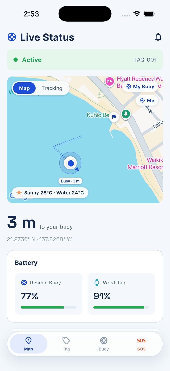 The Aquvix app showing live status — the buoy on the map three metres away, water and air temperature, and battery for both the buoy and wrist tag.