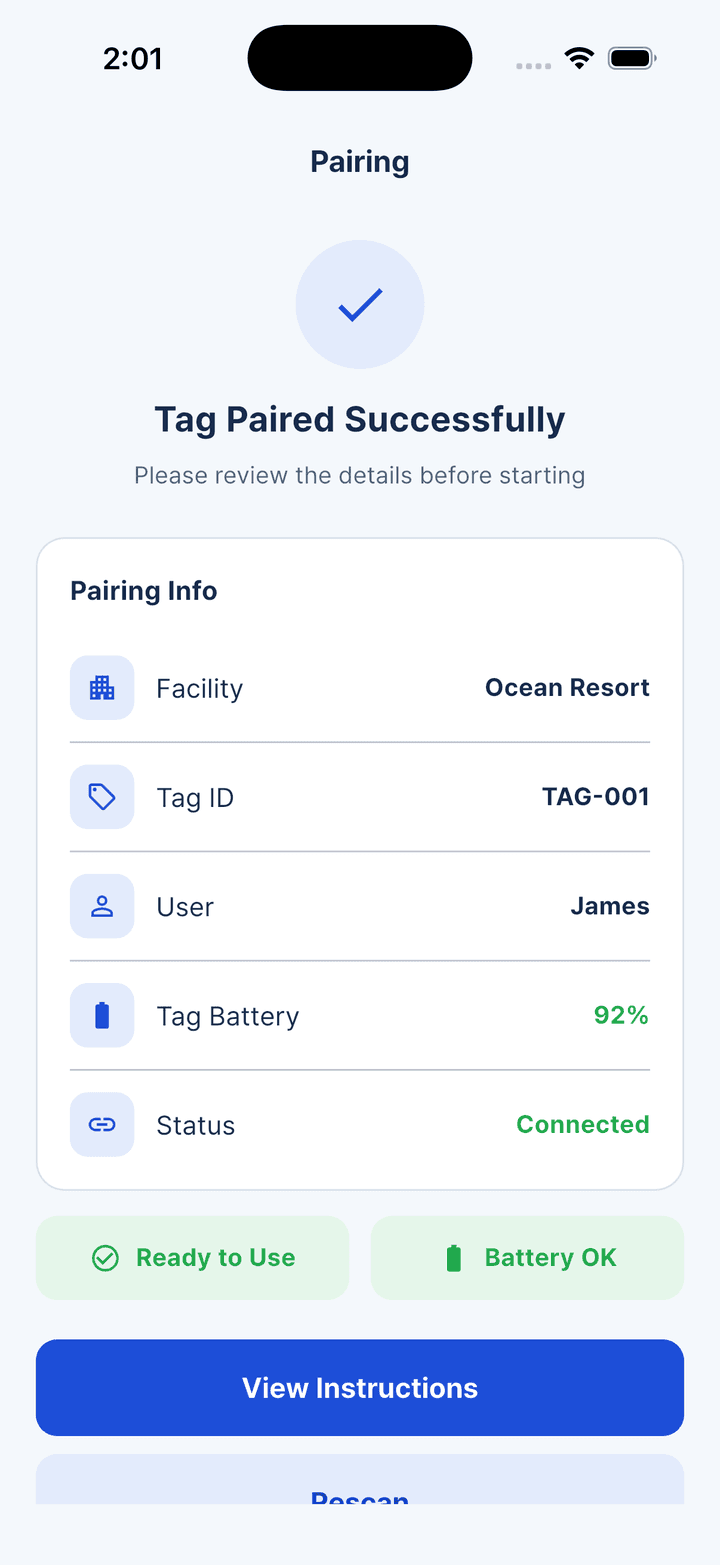 The app confirming a wrist tag has paired, showing the facility, tag ID, tag battery and connection status.