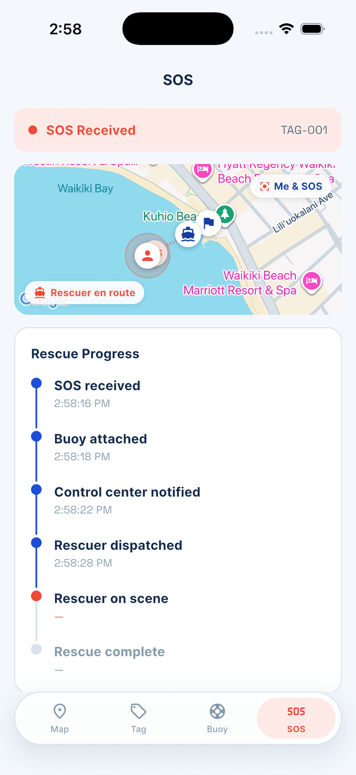 The app during an SOS, showing a rescuer en route and a timestamped rescue progress list.